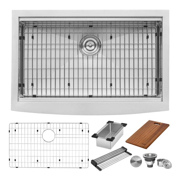 A Ruvati stainless steel farmhouse sink with a metal grid on the counter.