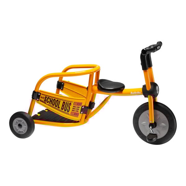 An Italtrike yellow tricycle with black wheels and a seat.