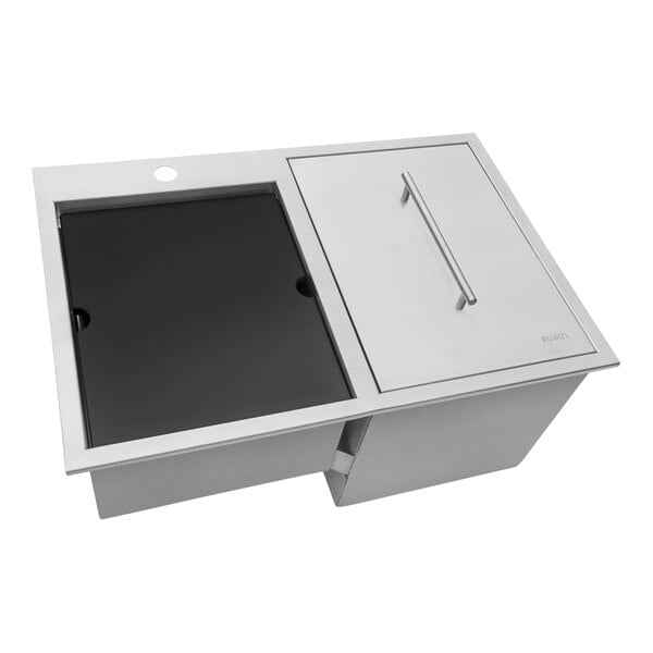 A rectangular stainless steel Ruvati outdoor sink with a black tray.