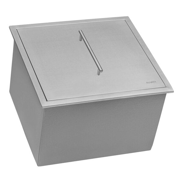 A Ruvati stainless steel insulated box with a handle.