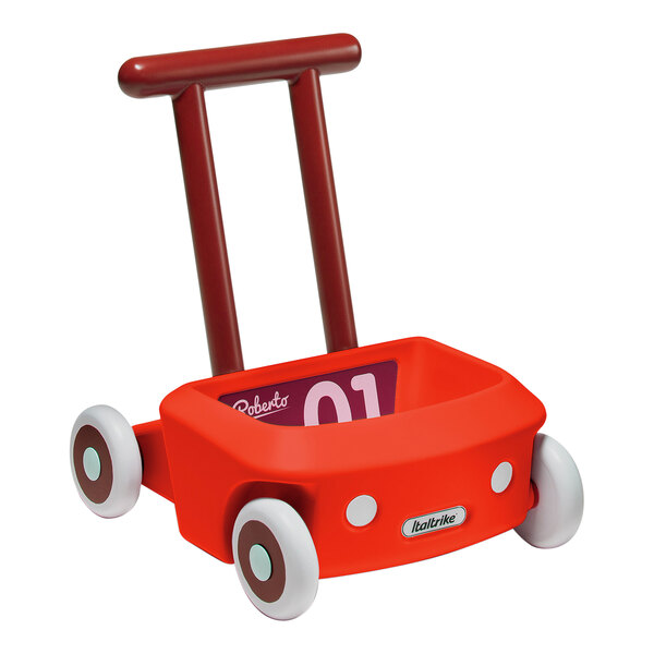 An Italtrike Mini Eolo Roberto red baby push walker with white wheels.