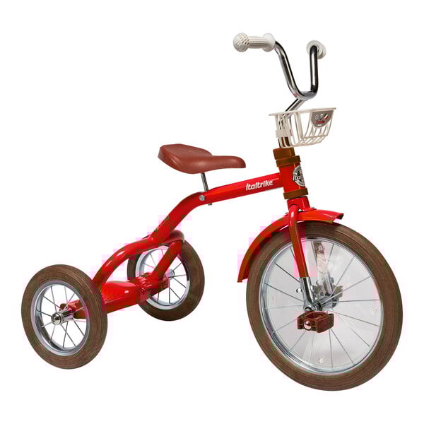 An Italtrike Champion red tricycle with a basket.