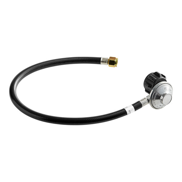 A black flexible hose with a gold nut.