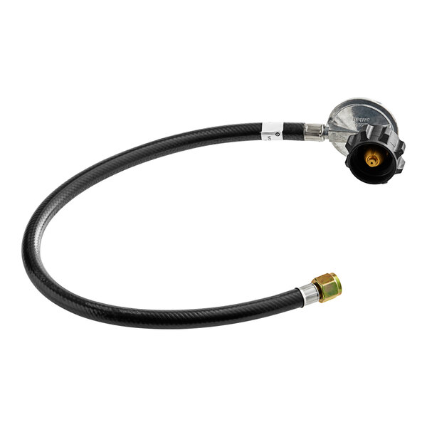 A black hose with a round cap and a hose connector.