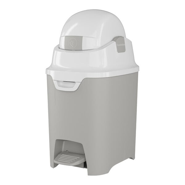A white and grey Foundations hands-free diaper pail.