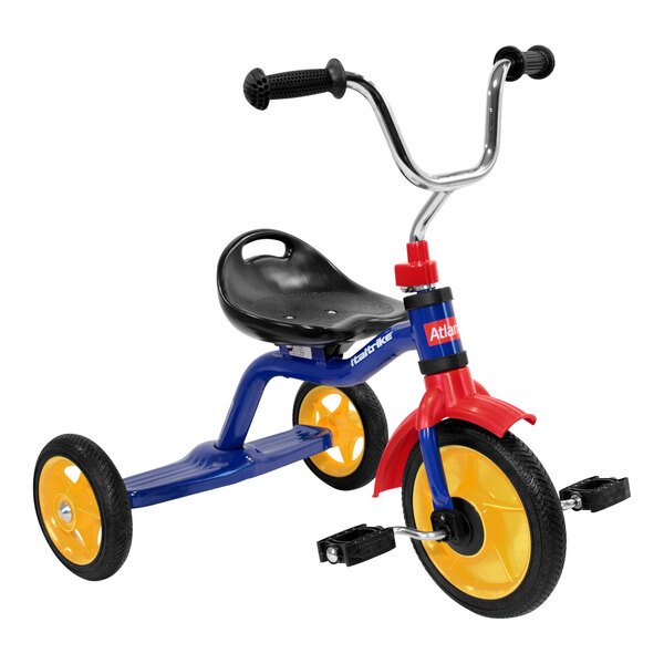 An Italtrike Atlantic blue tricycle with red wheels and a yellow seat.