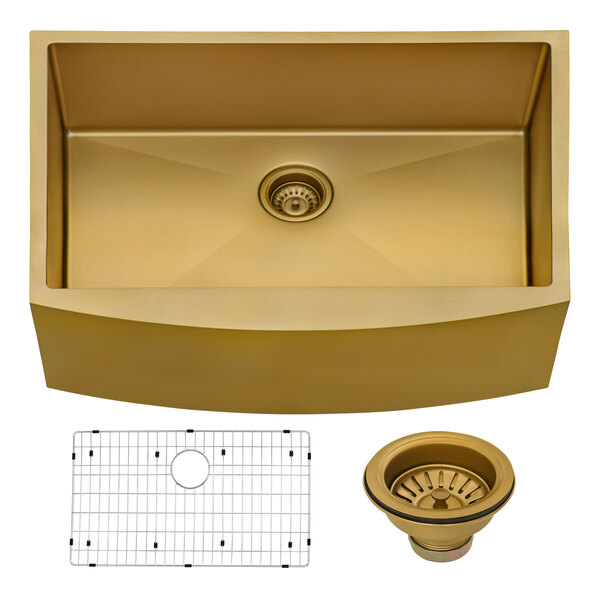 A Ruvati Terraza gold stainless steel farmhouse sink with a drain.