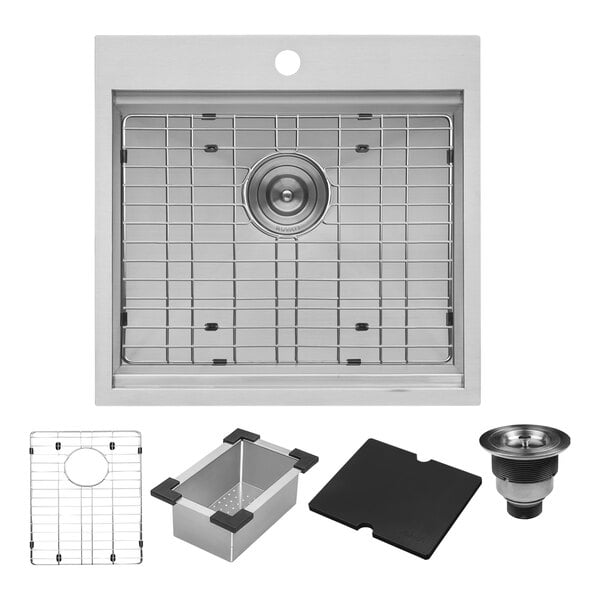 A Ruvati stainless steel drop-in workstation sink with a drain and cover.