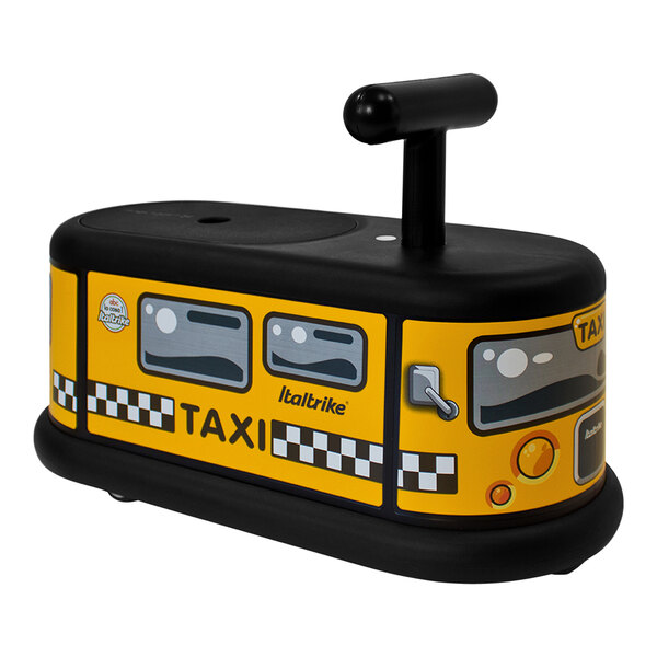 An Italtrike La Cosa Taxi ride-on toy with a yellow and black design.