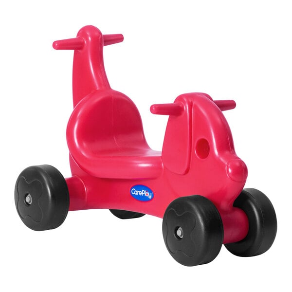 A red CarePlay puppy ride-on toy with wheels.