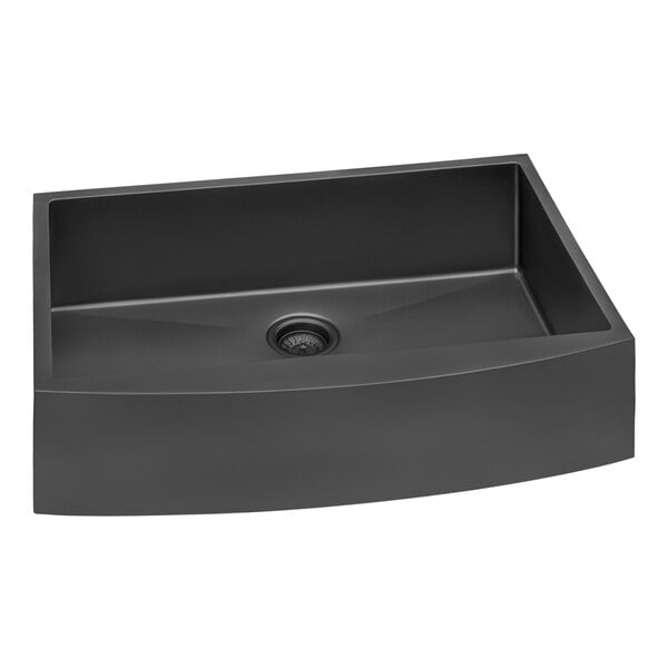A Ruvati Terraza black farmhouse sink with a drain.