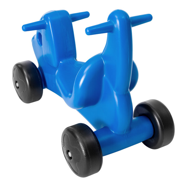 A CarePlay blue plastic puppy ride-on toy with black wheels.
