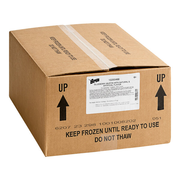 A brown box of Brill pre-portioned blueberry muffin batter with a white label and black arrows.