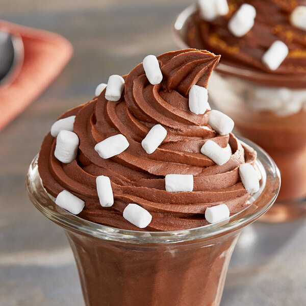 A close-up of chocolate pudding with Kraft Micro Marshmallow Topping.