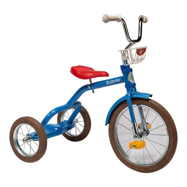 An Italtrike blue tricycle with a basket on it.