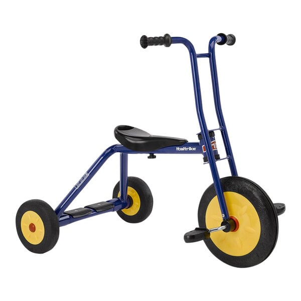 A blue Italtrike tricycle with yellow wheels.