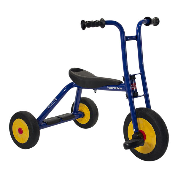 An Italtrike Atlantic blue tricycle with yellow wheels.