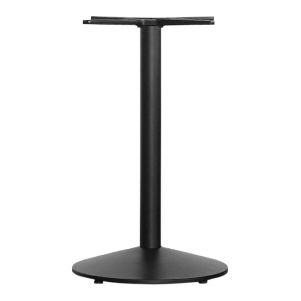 A black powder-coated steel round table base with a pole stand.