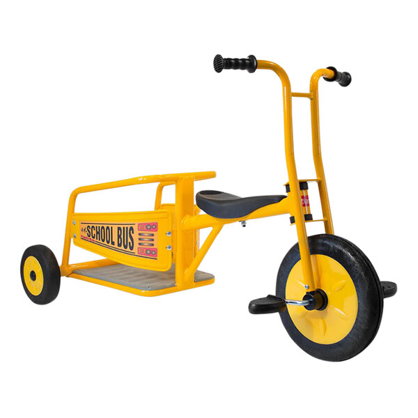 A yellow Italtrike Atlantic School Bus Chariot tricycle with black wheels.