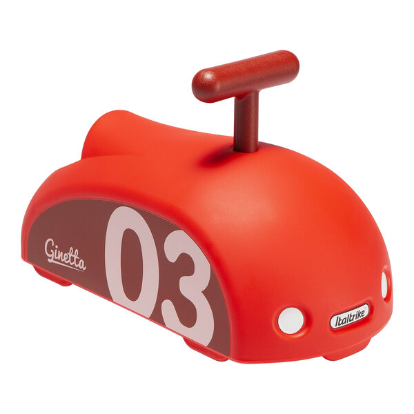 A red Italtrike Mini Eolo toy car with a white number three on the handle.