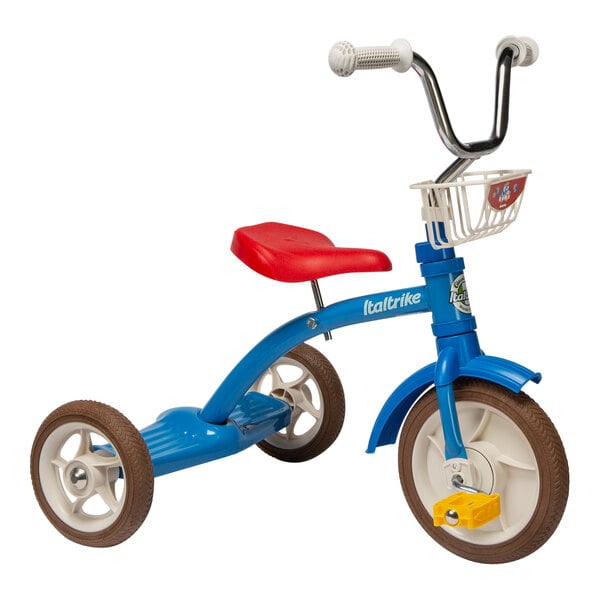 An Italtrike Super Lucy blue tricycle with a basket.