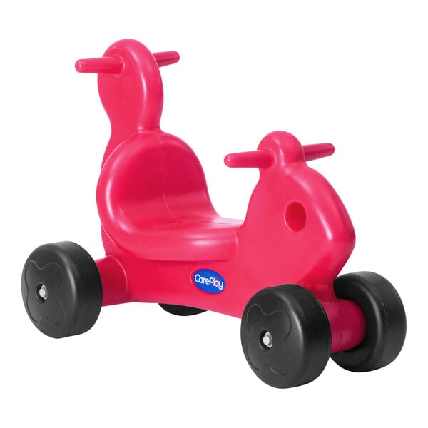 A red squirrel ride-on toy with black wheels.