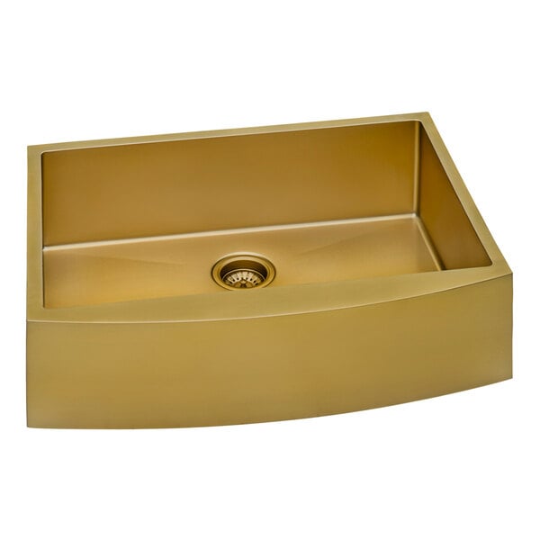 A Ruvati Terraza stainless steel farmhouse sink with a brass gold tone and a square bowl.