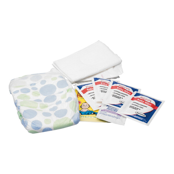 A Foundations diaper kit with a diaper and baby wipes.