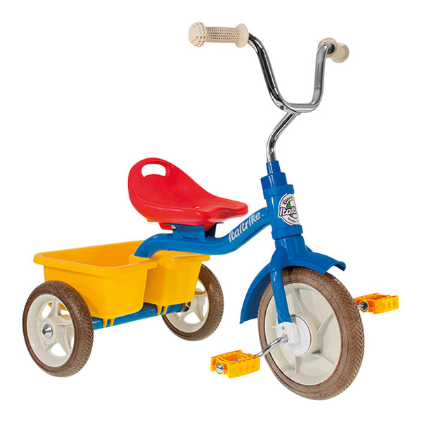 An Italtrike Colorama blue and yellow tricycle with a basket.
