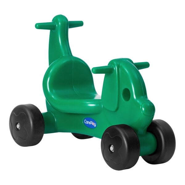 A green plastic CarePlay puppy ride-on toy with black wheels.