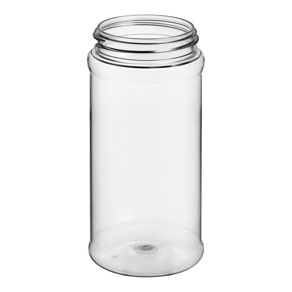 A 16 oz. clear PET spice container with a white lid.