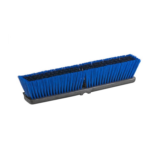 A close-up of a blue Lavex push broom head with black square unflagged bristles.