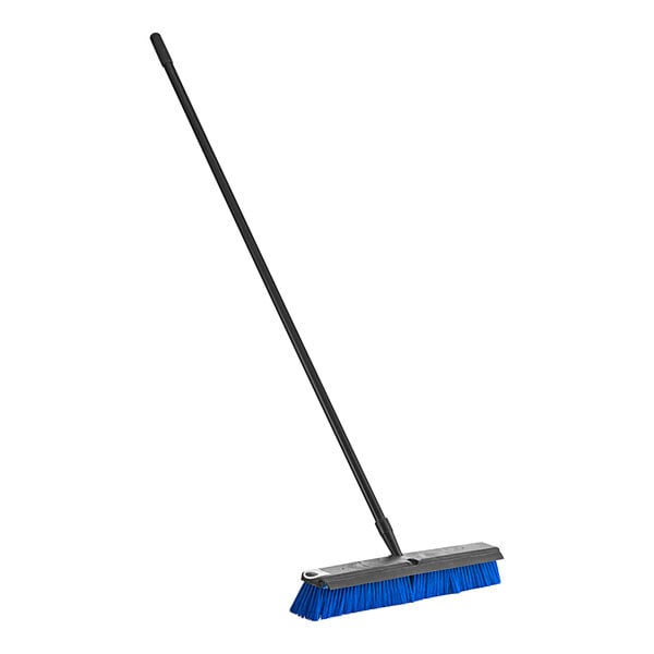 A blue Lavex push broom with a long metal handle.