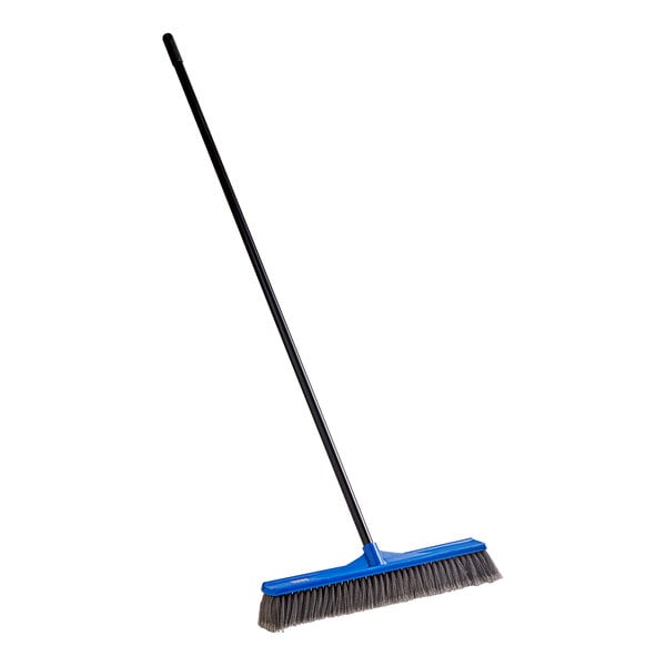 Lavex 24" Blue Indoor / Outdoor Push Broom with Gray Flagged Bristles and 60" Metal Handle