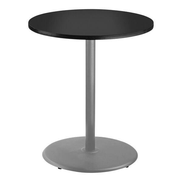 A National Public Seating round black bar height table with a gray frame and metal base.