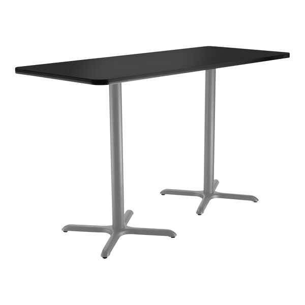 A black rectangular National Public Seating bar height table with a gray X base.