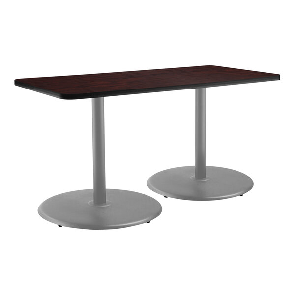 A National Public Seating mahogany cafe table with a metal base and gray frame.