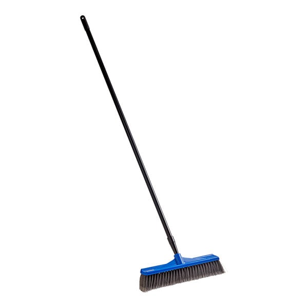 A blue broom with black and gray bristles and a long black handle.