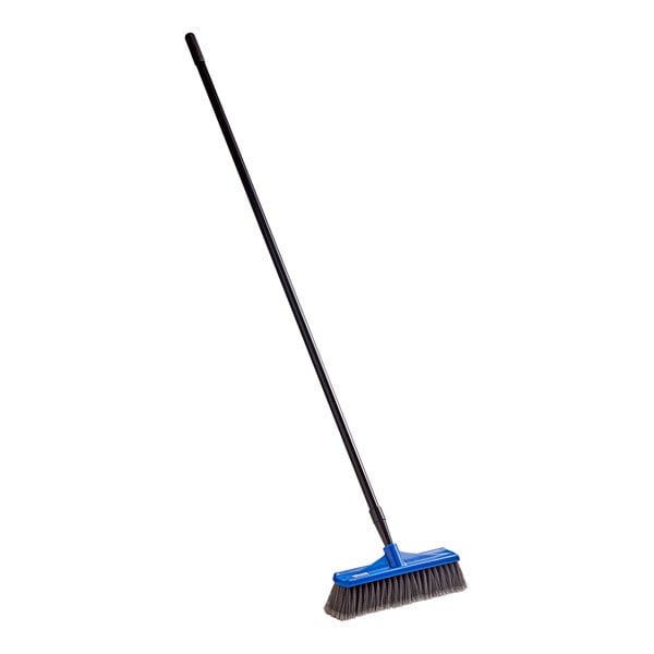 A Lavex blue indoor/outdoor push broom with gray flagged bristles and a black metal handle.