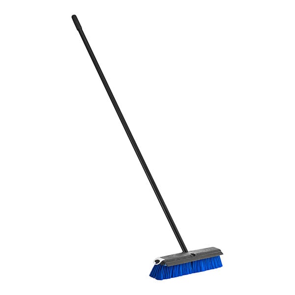 A push broom with blue unflagged bristles, a squeegee, and a long black metal handle.