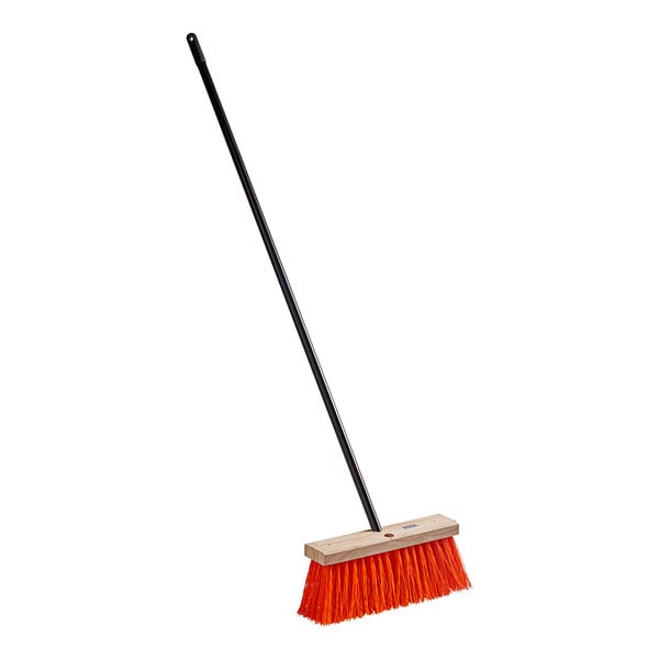 A heavy-duty street broom with a 16-inch wooden head, orange unflagged bristles, and a 60-inch metal handle.