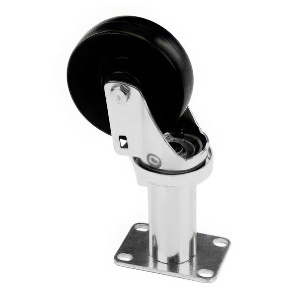 A metal swivel plate caster with black and chrome wheels.