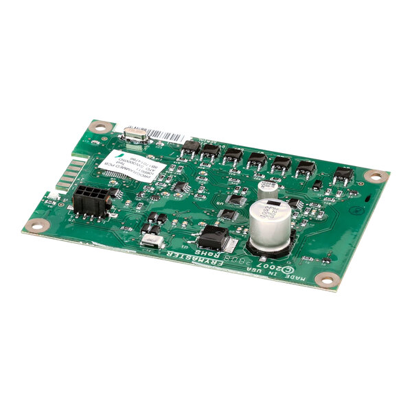 A green circuit board with small black and white components.
