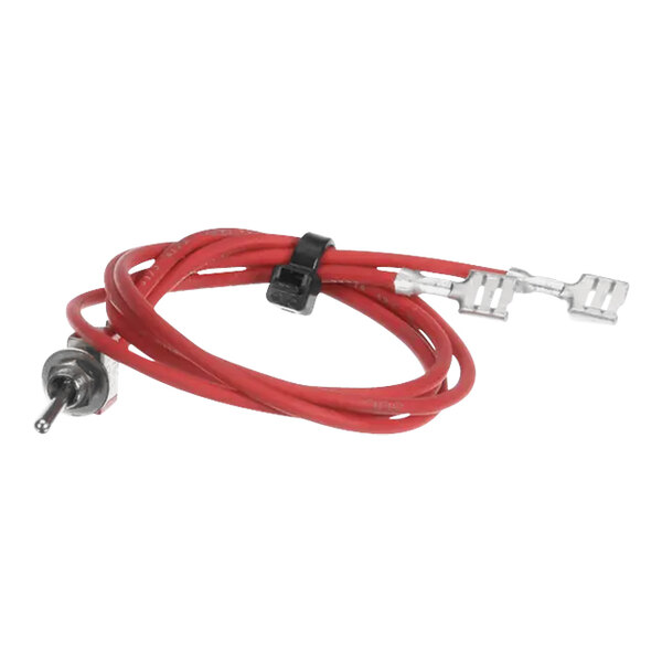 A red cable with a metal connector and a black cable clip.