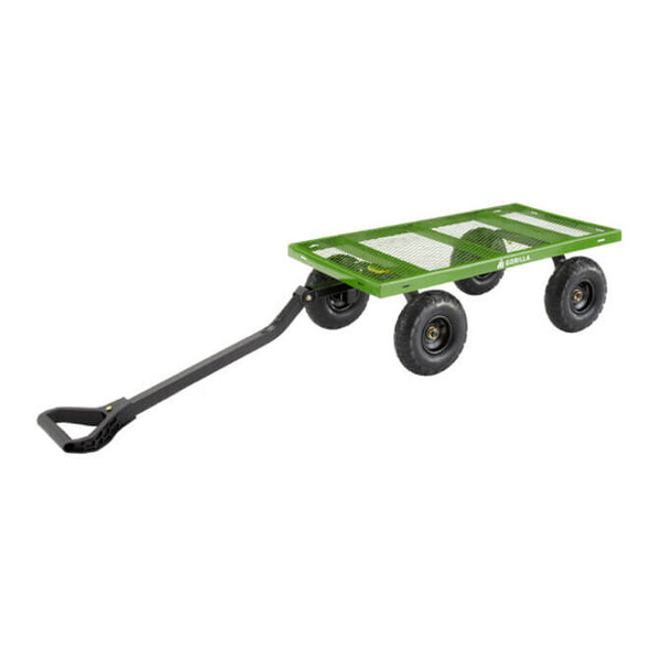 A green metal Gorilla utility cart with black wheels.