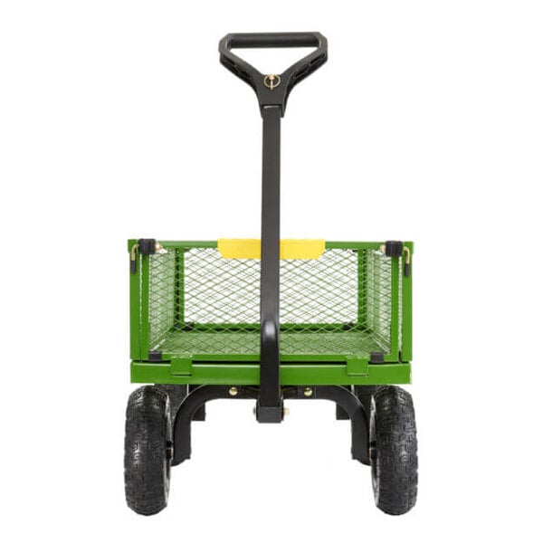 A green and black steel utility cart with wheels and a handle.