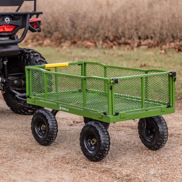 A close up of a green Gorilla Steel Utility Cart.