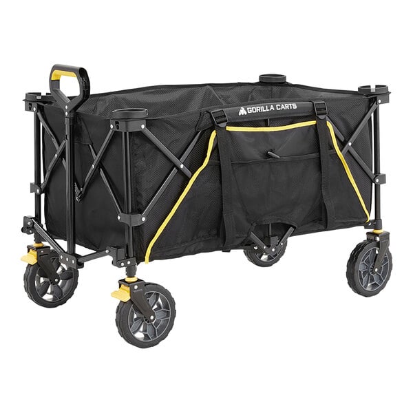 A black and yellow Gorilla folding utility wagon with wheels.