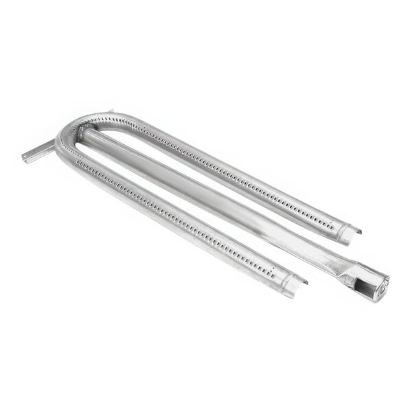 An American Range stainless steel oven burner with air shutter and metal holes.