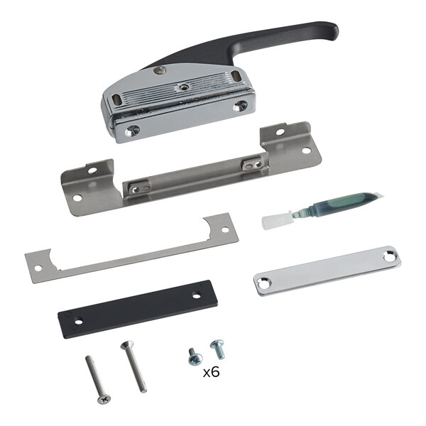 A metal and plastic door handle kit with screws for a Hatco holding cabinet.